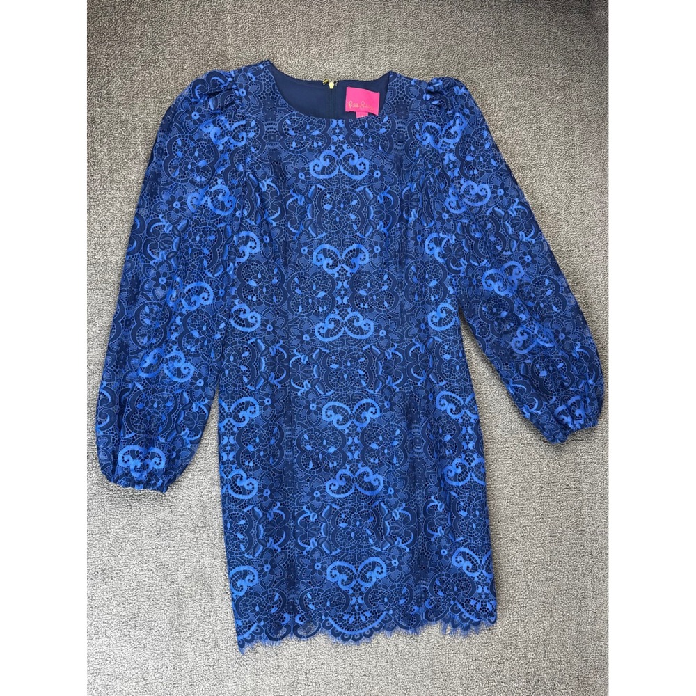 Lilly Pulitzer Dress 4 Blue Guipure Lace Puff Sleeve Wedding Preppy Old Money
